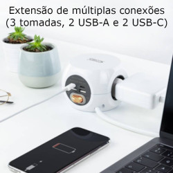Extensão multiconexões com 3x Tomadas 2x USB-A e 2x USB-C
