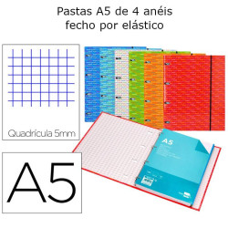 Pastas A5 de 4 anéis com recarga de 120 folhas quadriculadas