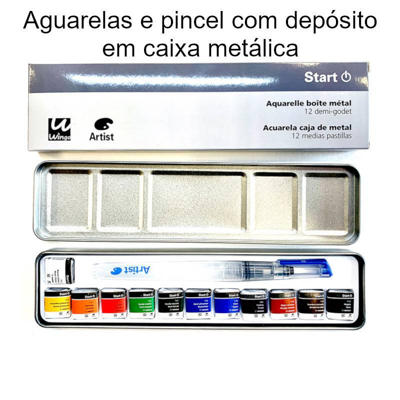 Aguarelas Artist Start 12 cores sortidas + pincel recarregável em caixa metálica