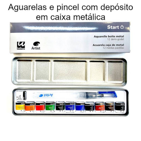 Aguarelas Artist Start 12 cores sortidas + pincel recarregável em caixa metálica