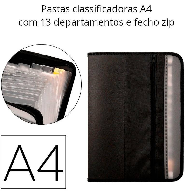 Pastas classificadoras A4 com 13 departamentos e fecho zip