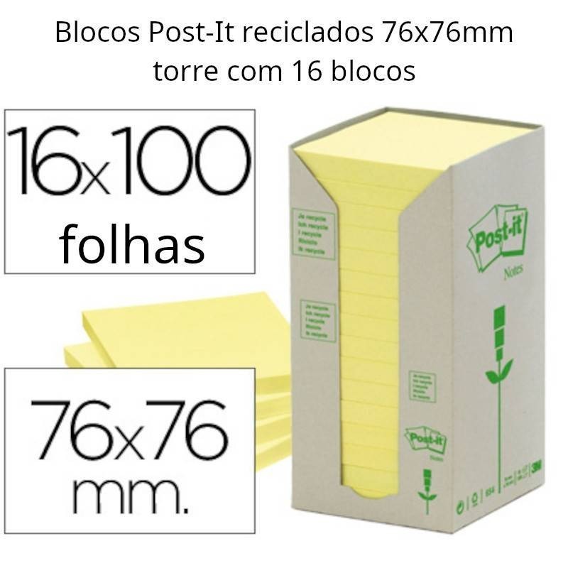 Blocos de notas adesivas Post-It recicladas em torre 76x76 mm