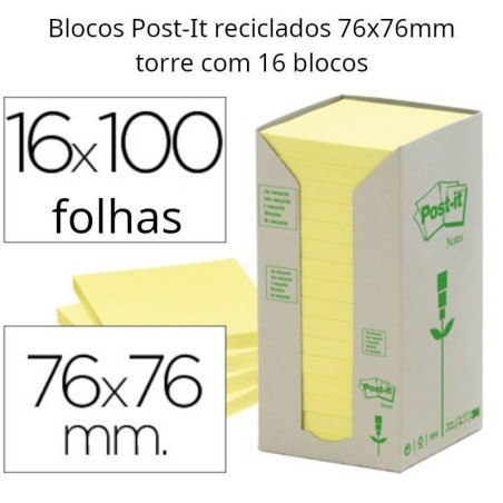 Blocos de notas adesivas Post-It recicladas em torre 76x76 mm