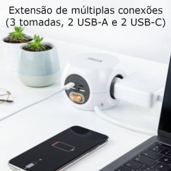Extensão multiconexões com 3x Tomadas 2x USB-A e 2x USB-C