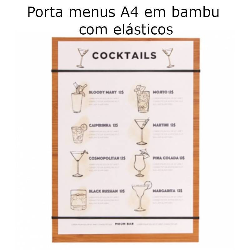Porta menus em bambu A4 com elásticos