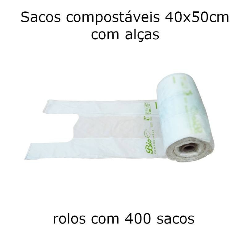 Rolos com 400 sacos de plástico compostável com alças 50x40 cm