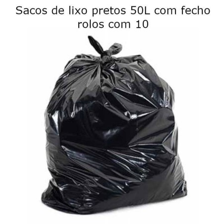 Sacos de Lixo Pretos com Fecho - 50L (Rolo de 10 Unidades)