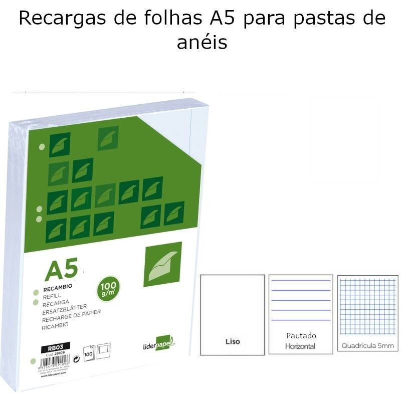 Recargas de papel A5 com 100 Folhas
