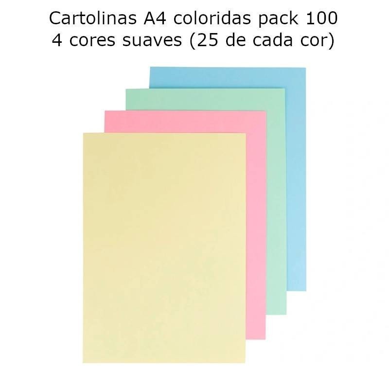 Cartolinas A4 coloridas - embalagens com100 unidades de 4 cores sortidas