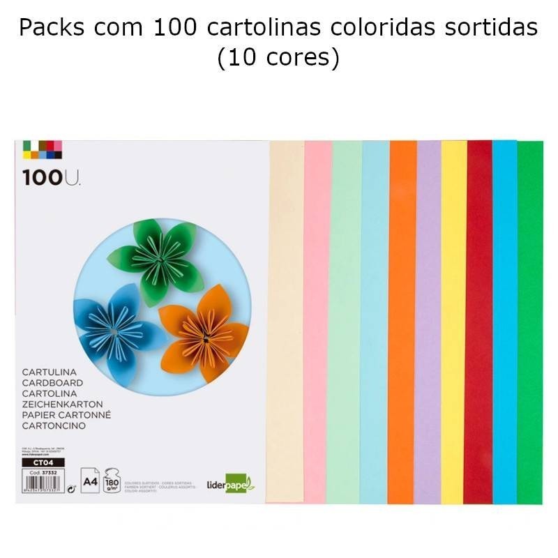 Cartolinas A4 coloridas - packs com100 unidades de 10 cores sortidas
