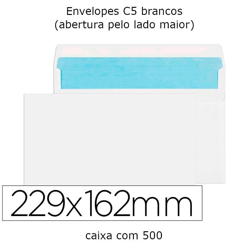 Envelopes C5 brancos 162x229 mm caixa de 500 unidades