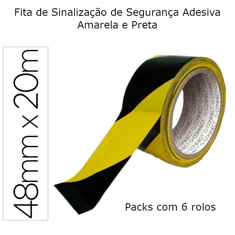 Fita de Sinalização de Segurança Adesiva Amarela e Preta (Pack 6 Rolos)