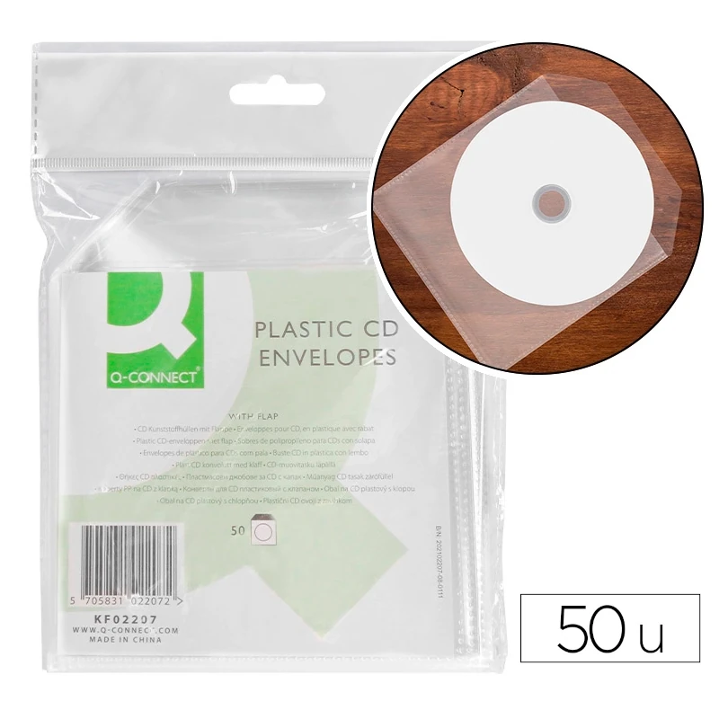 Envelopes Plásticos para CD / DVD Q-Connect em Polipropileno (Pack 50 Unidades)