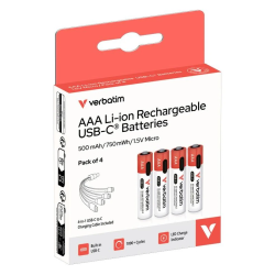 Pack 4 pilhas recarregáveis AAA USB-C Verbatim 1,5V