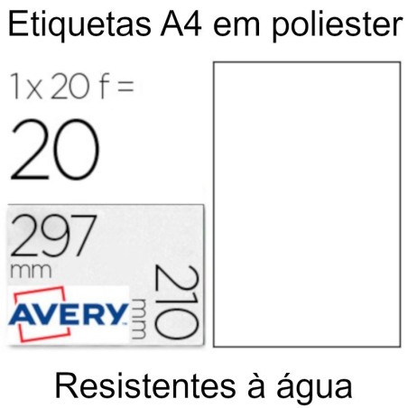 Etiquetas A4 Avery em Poliéster Branco Mate