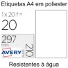Etiquetas A4 Avery em Poliéster Branco Mate