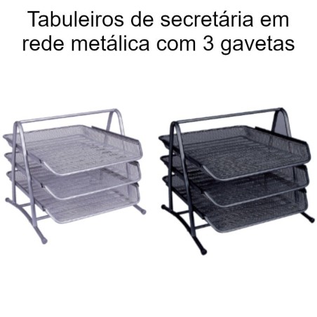 Tabuleiros de secretária em rede metálica com 3 gavetas