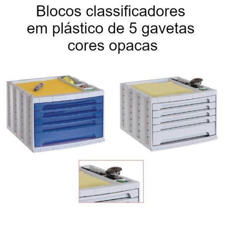 Blocos classificadores em plástico de 5 gavetas cores opacas