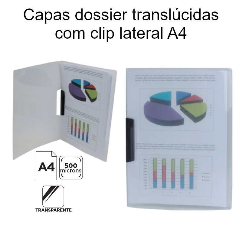 Capas dossier translúcidas com clip lateral A4