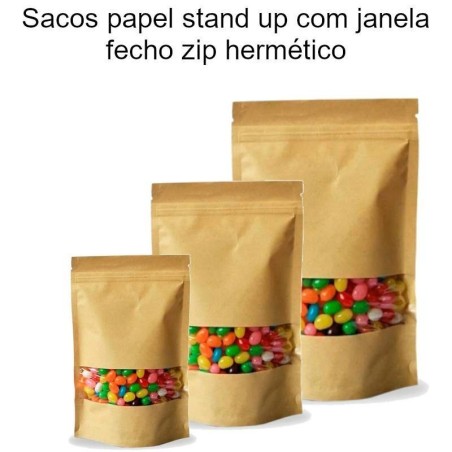 Sacos de papel kraft Stand Up com janela