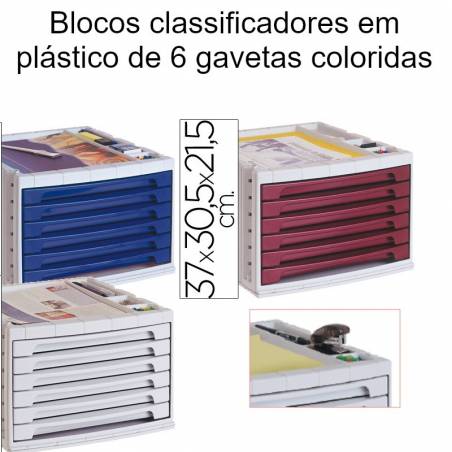 Blocos classificadores em plástico de 6 gavetas coloridas