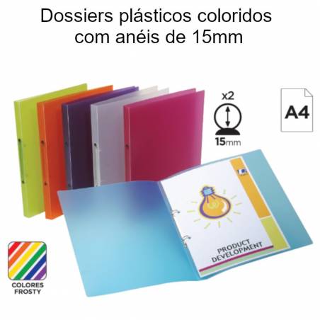 Dossiers plásticos coloridos 
com anéis de 15mm