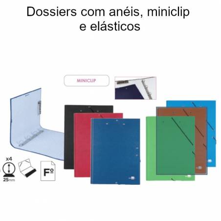 Dossiers com anéis, miniclip e elásticos