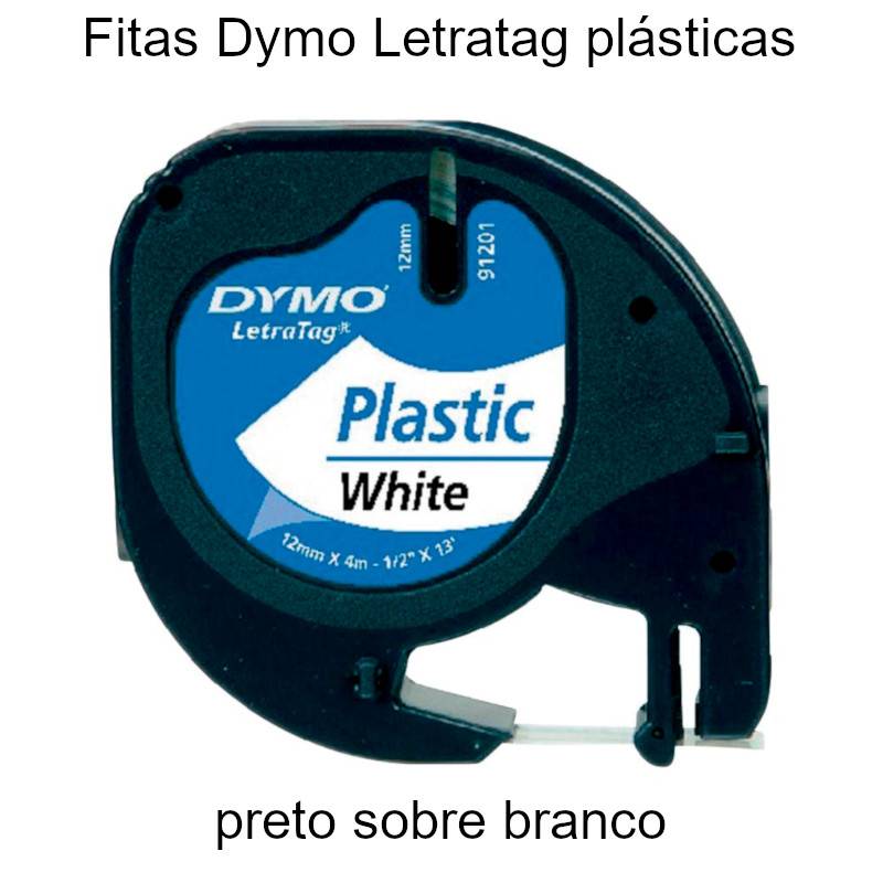 Fita Dymo Letratag 12mmx4mt -preto sobre plástico branco