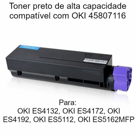 Toner preto compatível com OKI 45807116 alta capacidade 12K